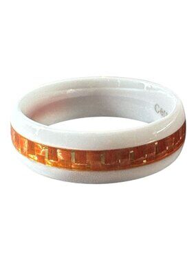 White Ceramic Ring with Orange Patterned Inlay Size 15 Durable & Lightweight Des